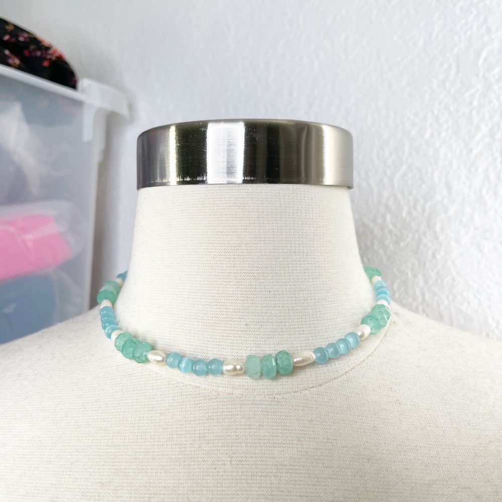 Handmade Beaded Choker Necklace Green Crackle Glass Blue Cats Eye Pearl Gold